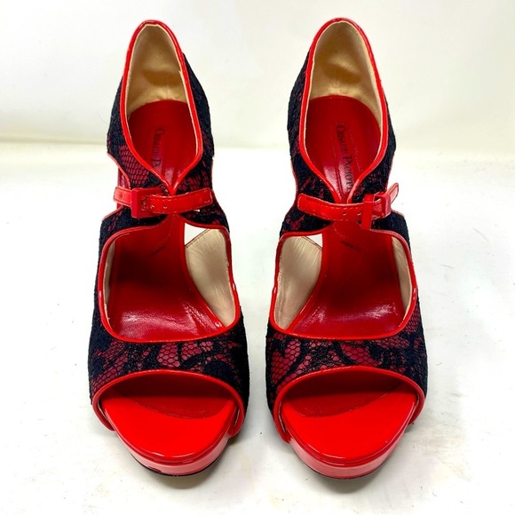 - Cesare Paciotti Red Black Lace Pumps Heels Shoes Open Toe